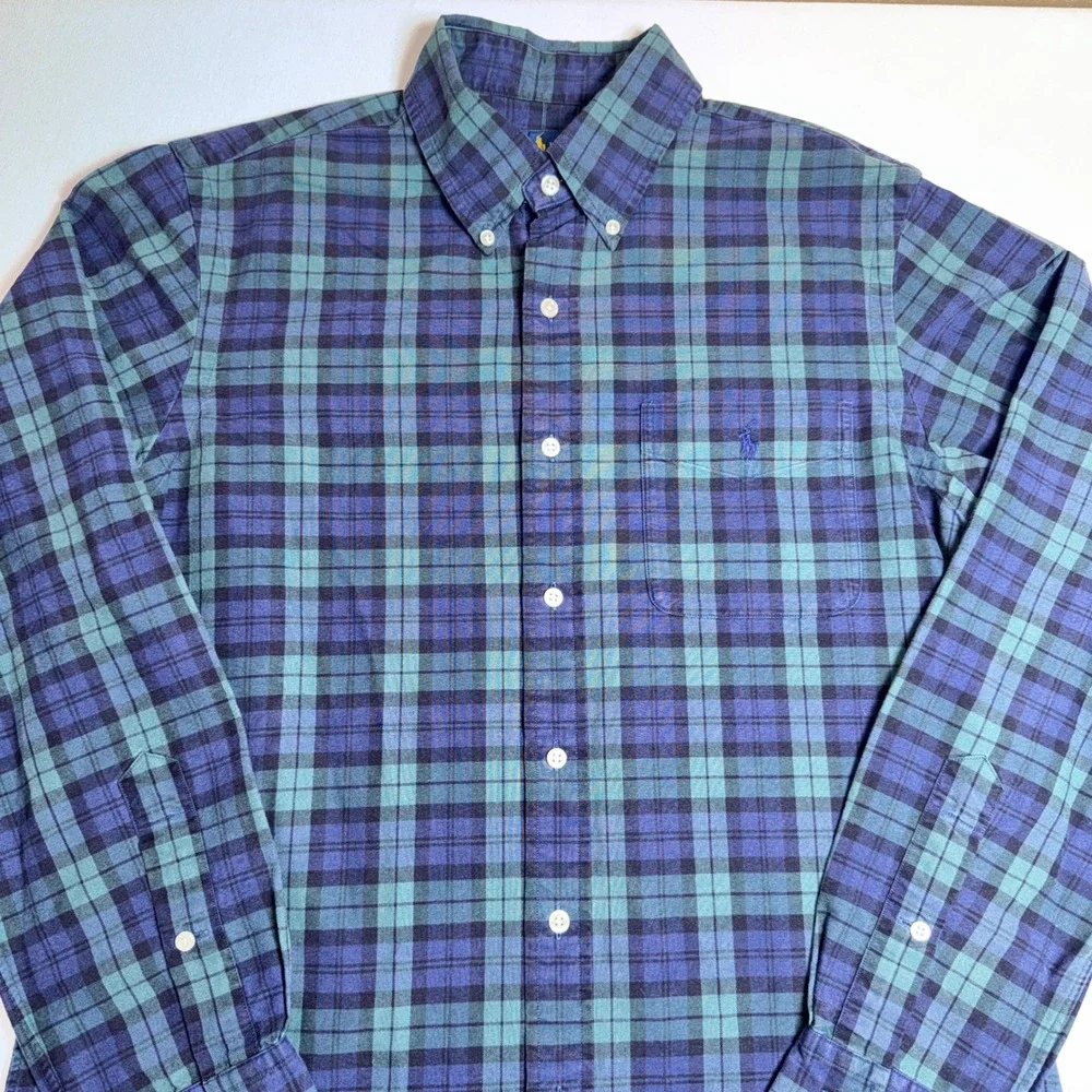 Ralph Lauren Mens Plaid Button Down Dress Shirt Green Blue Long Sleeve Pony Med